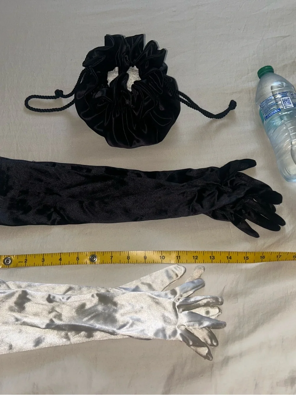 Black Satin Evening Drawstring Pouch W/ Two Elegant Evening Gloves